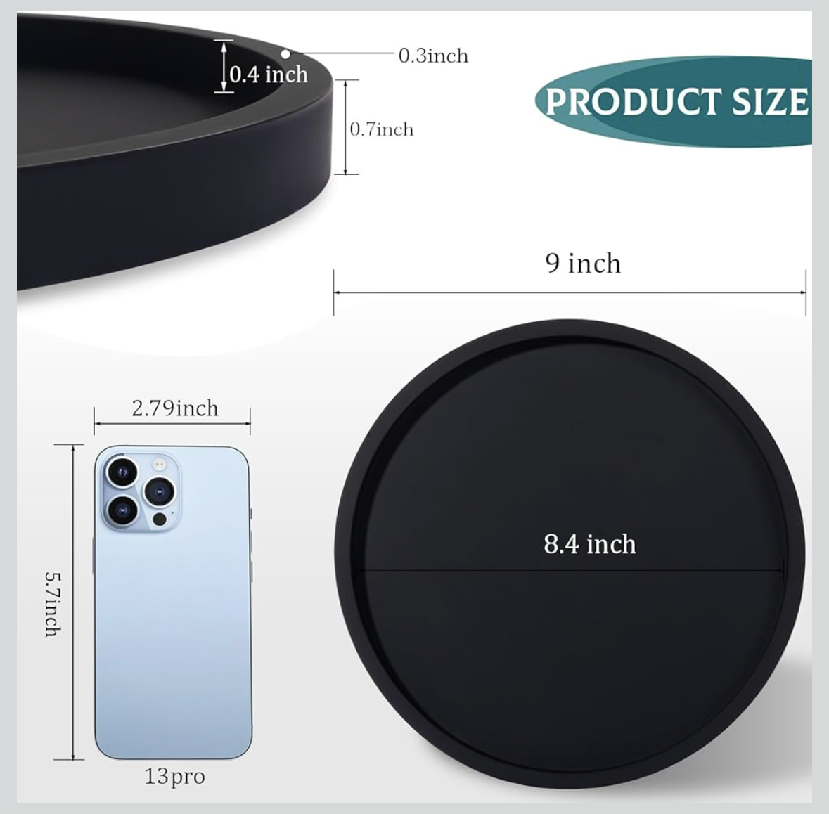 Silicone Bathroom Tray Round Vanity Tray Decorative Soap Holder Kitchen Countertop Organizer Coffee Table Decor for Candle, Perfume, Plant, 9 Inch, Black