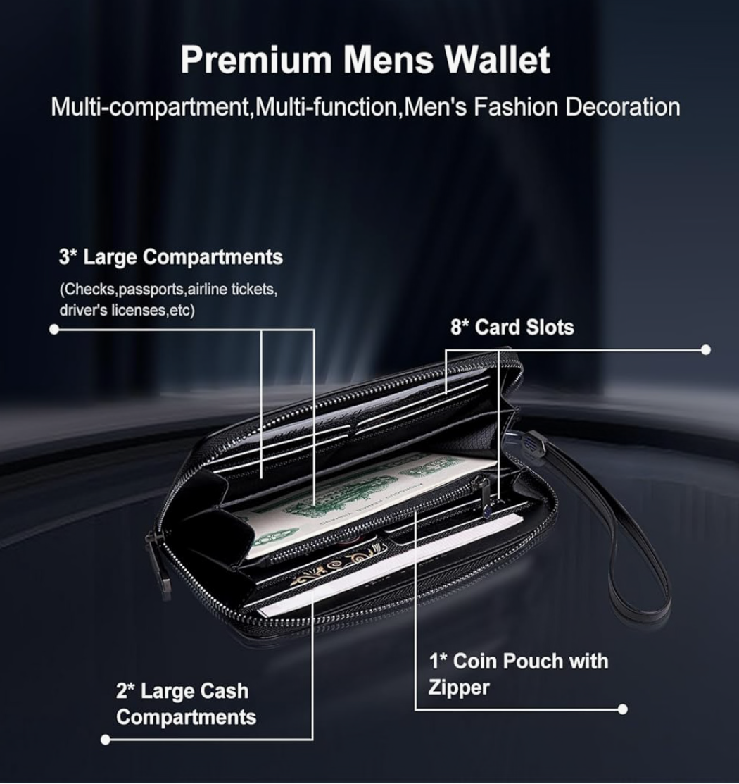 Arctic Hunter Long Wallet for Men Women Gift Box 1680D Polyester Passport Holder Zipper Coin Pocket Wrist Strap Money Hand Purse for Checkbook Cash Credit Card Passport, Black