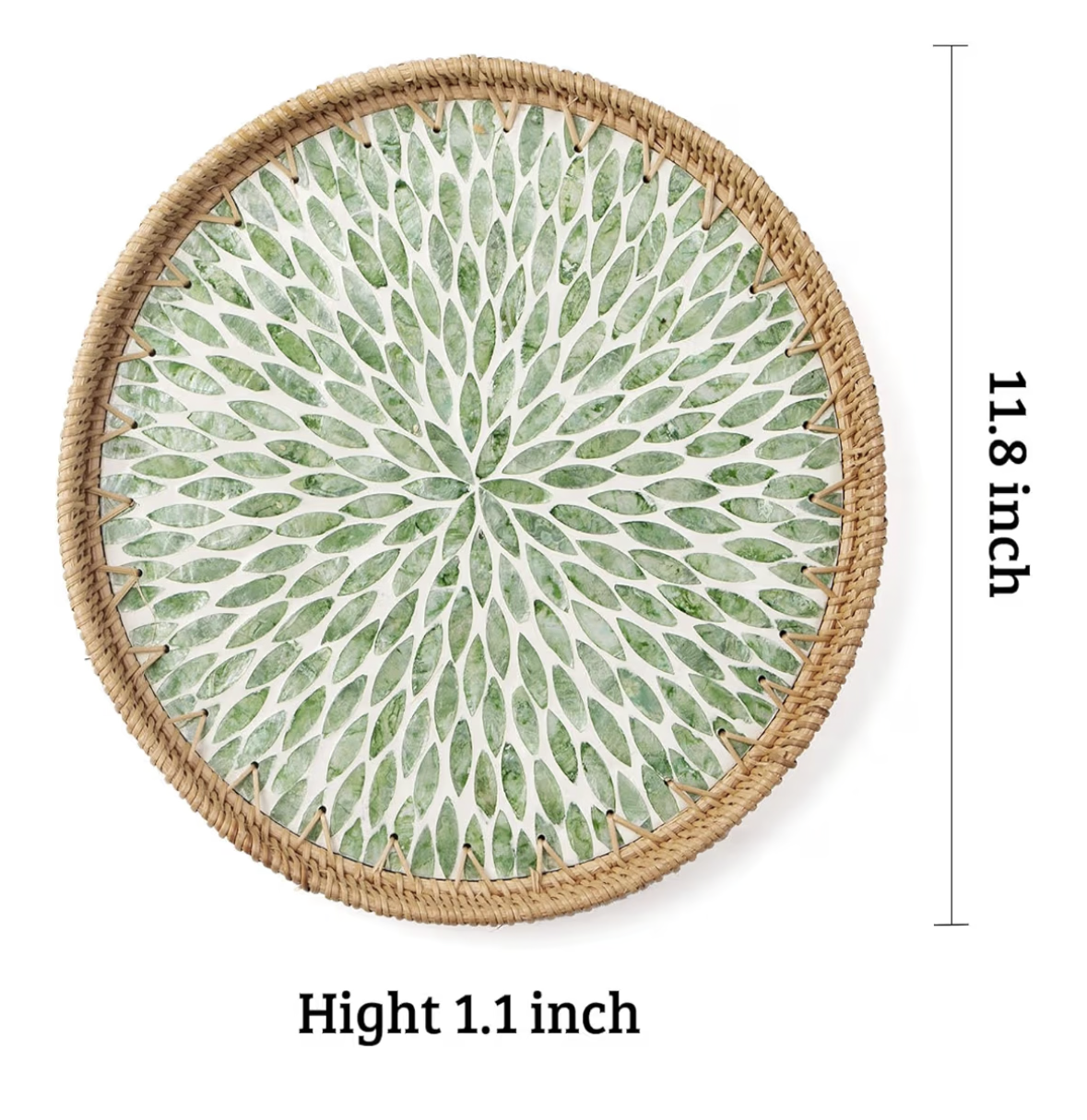 Round Rattan Tray with Mother of Pearl Inlay, Decorative Woven Serving Tray with Wooden Base, Handcrafted Wicker Basket Tray for Bread, Fruits, and Coffee, Leaf Design, Home Decor