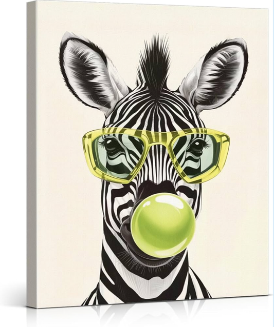 Trendy Modern Zebra Wall Art Print Stylish Zebra with Bubble Gum Poster Picture Animal Wall Decor for Home Living Room Bedroom Office 8x10 Canvas Framed