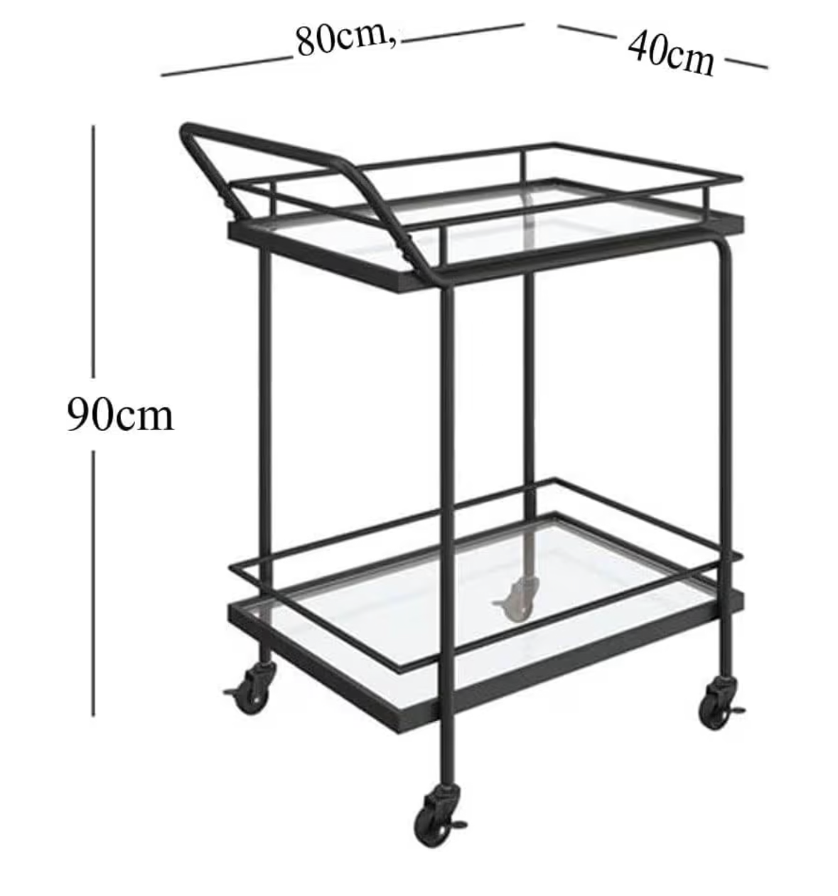 LINGWEI Premium 2-Tier Metal Bar Cart with Glass Shelves and Lockable Wheels - 1.3cm Metal Frame Elegant Serving Trolley for Home, Kitchen, Dining, Bar, and Hospitality Settings