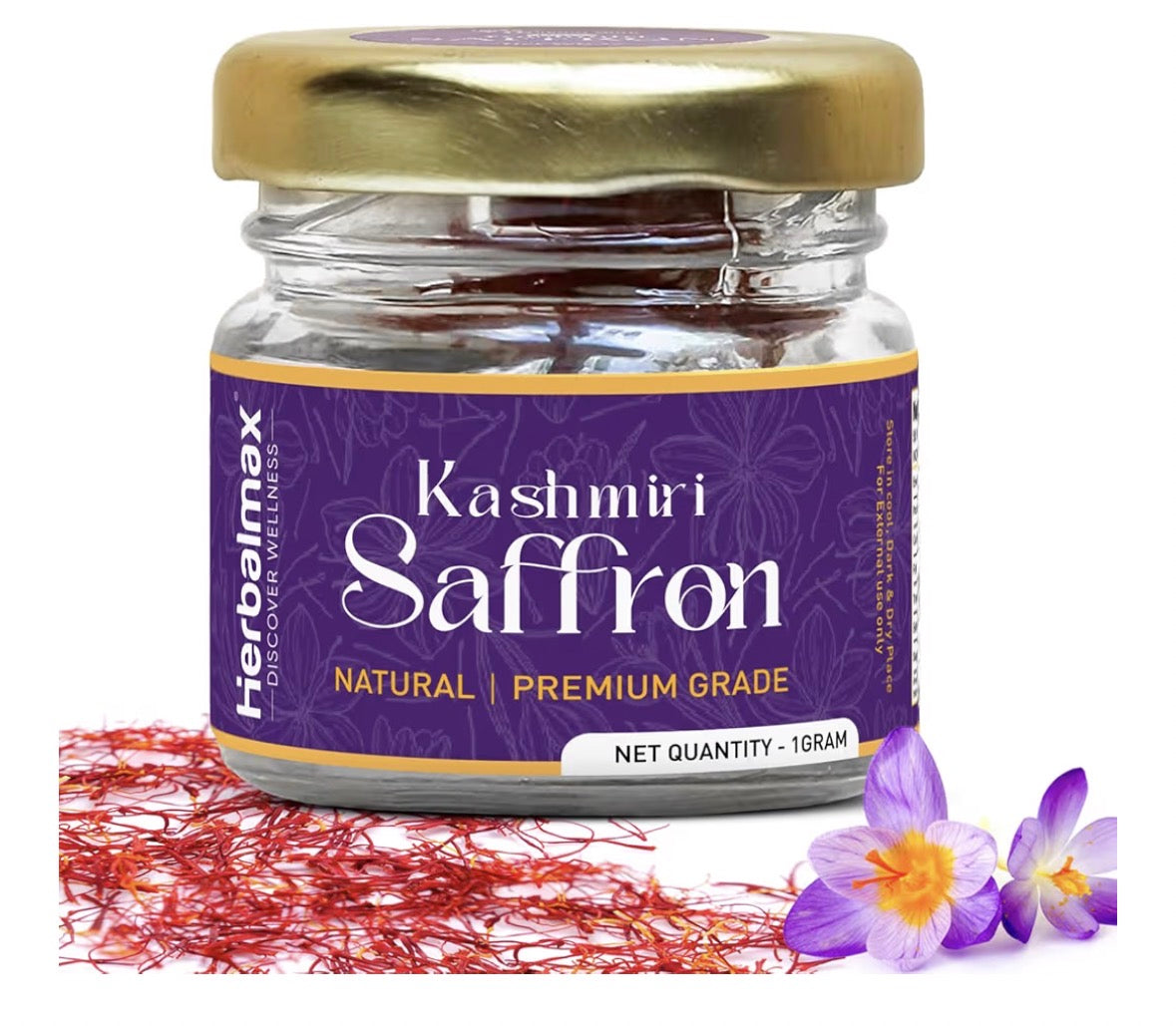 Herbal Max Original Kashmiri Kesar Saffron – 1gm | A+++ Grade Mongra Kesar | Pure & Natural Zafran Leaves | Ideal for Cooking, Sweets, Beverages & Personal Use
