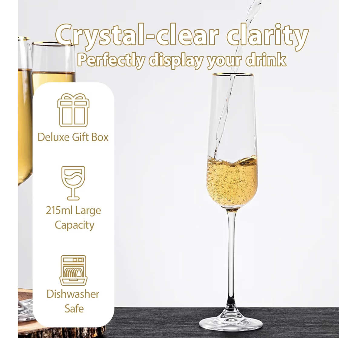 THMINS Champagne Glasses,6-Piece Elegant Crystal Stemmed Flute Set,Perfect for Prosecco,Sparkling Wine, Mimosas,Cocktails,Beverages,Ideal for Weddings,Anniversaries,Parties,Special Occasions