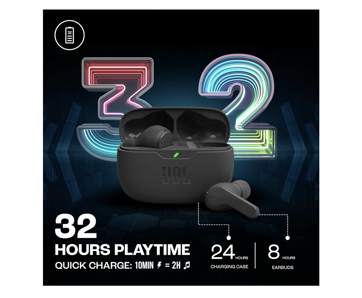 JBL Wave Beam True Wireless Earbuds, Deep Bass, Comfort Fit, 32H Battery, Smart Ambient, TalkThru, Hands-Free + VoiceAware, Water and Dust Resistant - Black, JBLWBEAMBLK