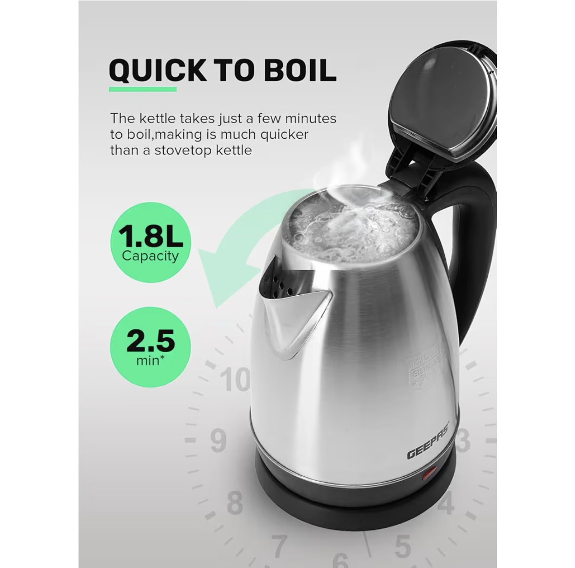Electric Tea Kettle 1.8 L, Auto Shut Off And Boil Dry Protection, Safety Lock Lid, 360 Degree Rotational Base, Stainless Steel, Ergonomic Handle, Perfect Pour, Large Capacity 1.8 L 1500 W GK5454B