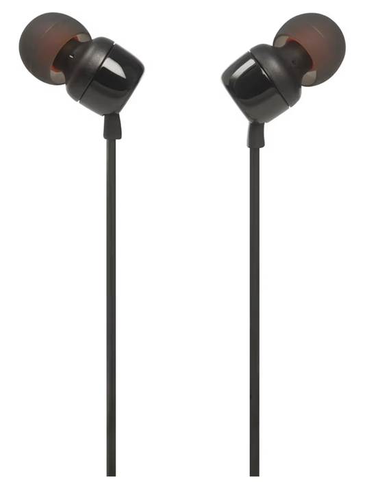 JBL Tune 110 Wired In-Ear Headphones, Deep and Powerful Pure Bass Sound, 1-Button Remote/Mic, Tangle-Free Flat Cable, Ultra Comfortable Fit - Black, JBLT110BLK