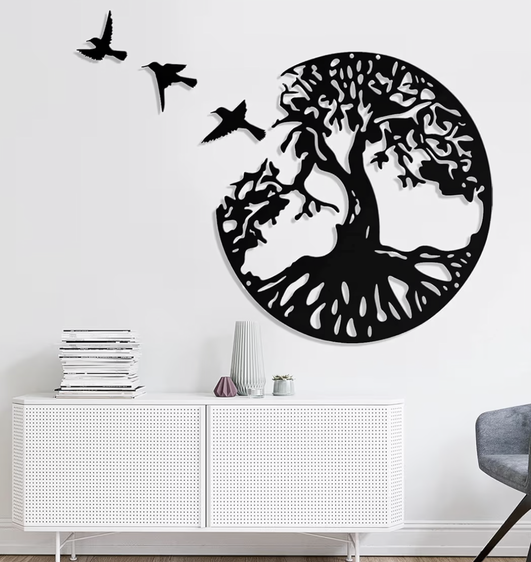 NALACAL Tree of Life Metal Wall Art with 3 Pcs Birds, 4 Pcs Black Metal Wall Decorative Art with 3 Pcs Birds for Living Room, Bathroom, Kitchen (12 inches Black)