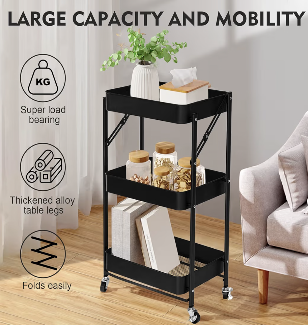 SKY-TOUCH 3 Tier trolley organizer,Foldable Metal Rolling Utility Cart Organizer, Multipurpose Organizer Trolley with Casters for Kitchen, Bedroom, Bathroom, Office, Laundry Room and Garage Black
