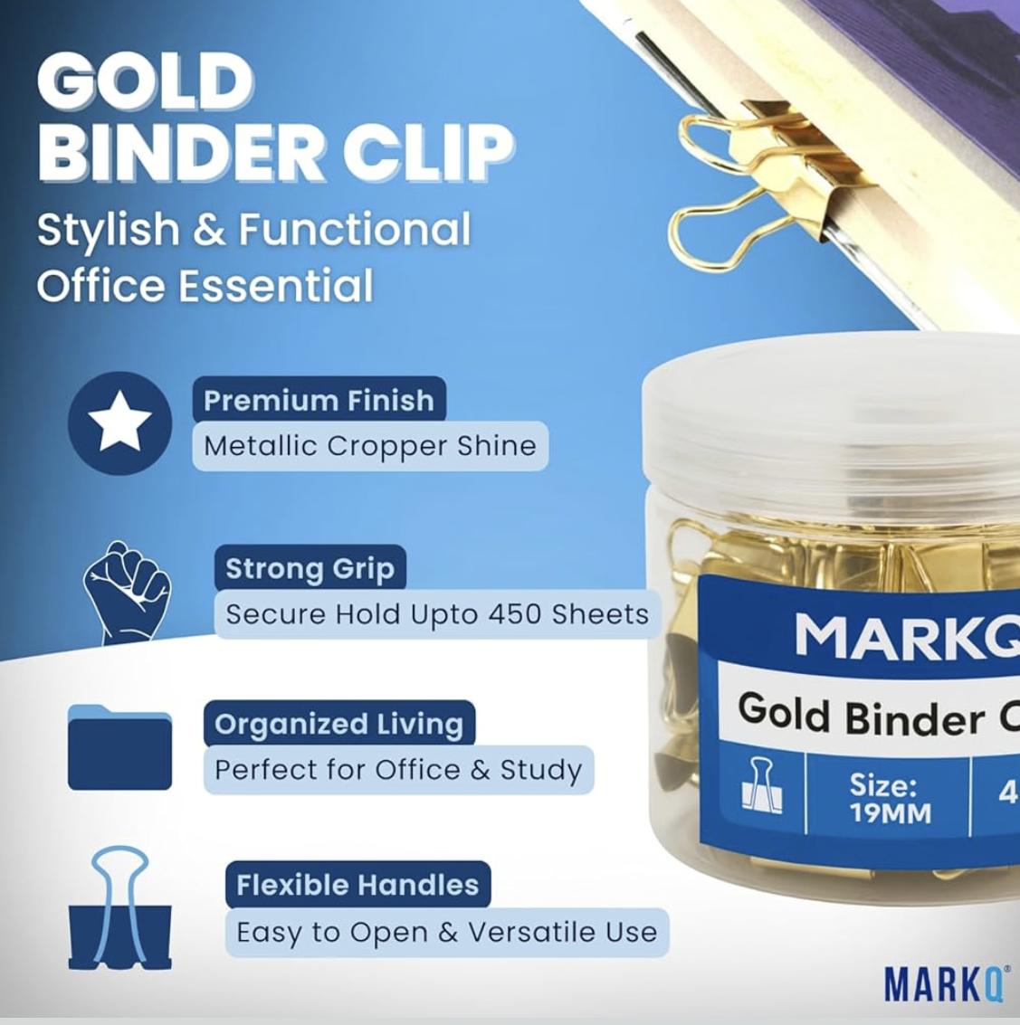 MARKQ Gold Binder Clips – Durable Metal Foldback Paper Clamps, Strong Office & School Paper Clips for Documents, Notes, and Home Organization - Small 19mm - Pack of 40