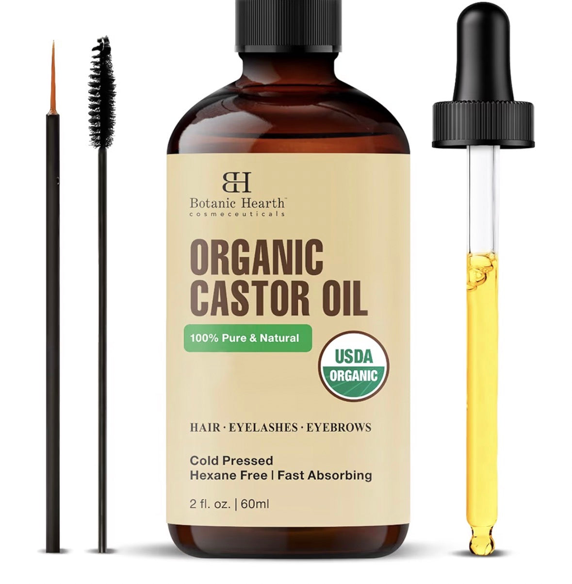 Botanic Hearth Castor Oil | USDA Certified Organic |100% Pure & Hexane Free | Cold Pressed | Growth for Eyelashes, Eyebrows, Hair | With Eyebrow & Eyelash Brush | 60 ML |