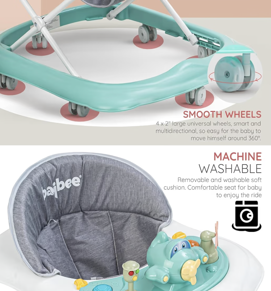 Baybee Baby Walker for Kids 6–18 Months, Adjustable Height Infant Walker with Music Toy Bar, Round Activity Walker for Toddlers, Safe Mobility Trainer for Boys & Girls (Green)