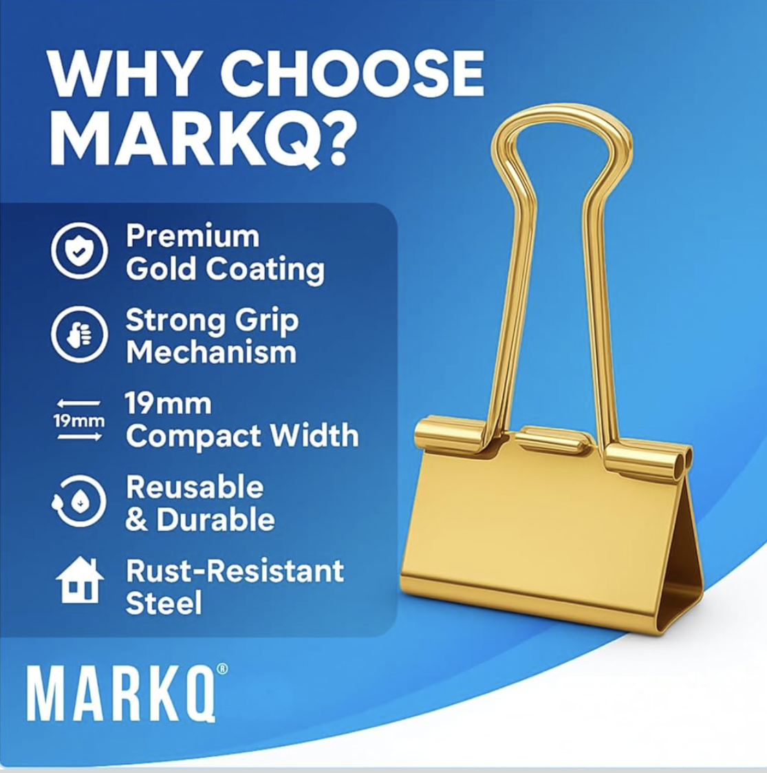 MARKQ Gold Binder Clips – Durable Metal Foldback Paper Clamps, Strong Office & School Paper Clips for Documents, Notes, and Home Organization - Small 19mm - Pack of 40