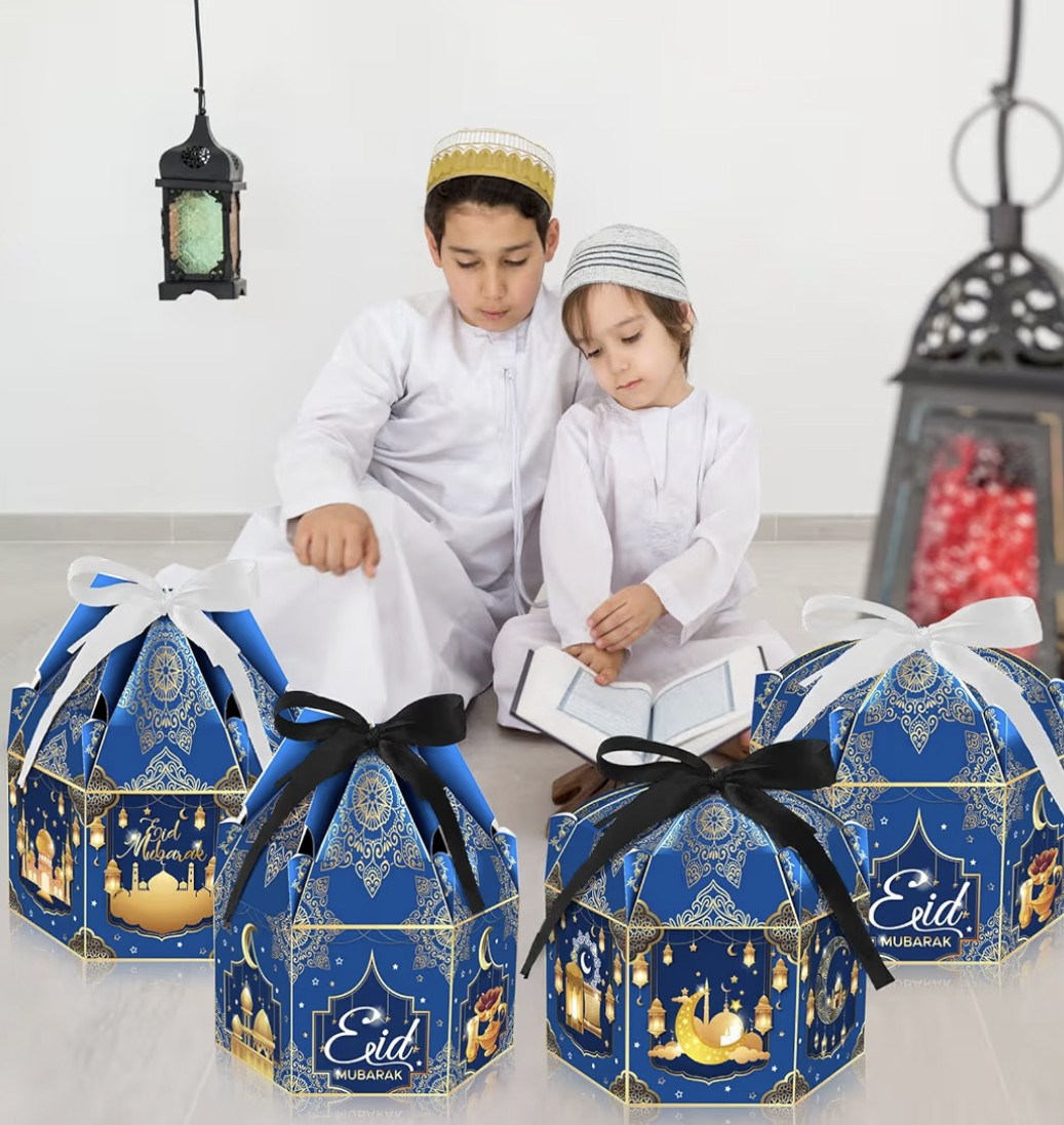 COSFAN 12Pcs Eid Mubarak Gift Boxes Eid Mubarak Candy Box Set Hexagonal Eid Party Favor Goodie Boxes Eid Party Paper Box with Ribbon