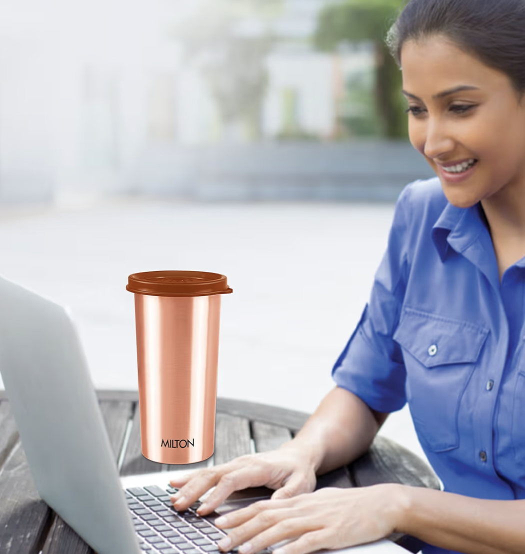 MILTON Copper Drinking Water Tumbler with Lid, 1 Piece, 480 ml, Copper | 100% Leak Proof