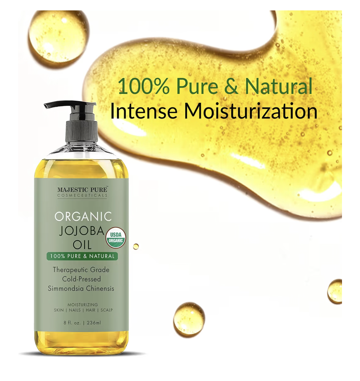 Majestic Pure Organic Jojoba Oil - Large 236 ML | 100% Pure and Natural, Cold-Pressed | Moisturizing for Skin Care, Massage, Hair Care, and to Dilute Essential Oils