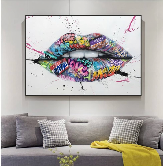 Banksy Style Street Graffiti Wall Art Framed Canvas Painting Colorful Teeth Lips Posters And Prints Wall Picture For Living Room Home Decor(60X80Cm)