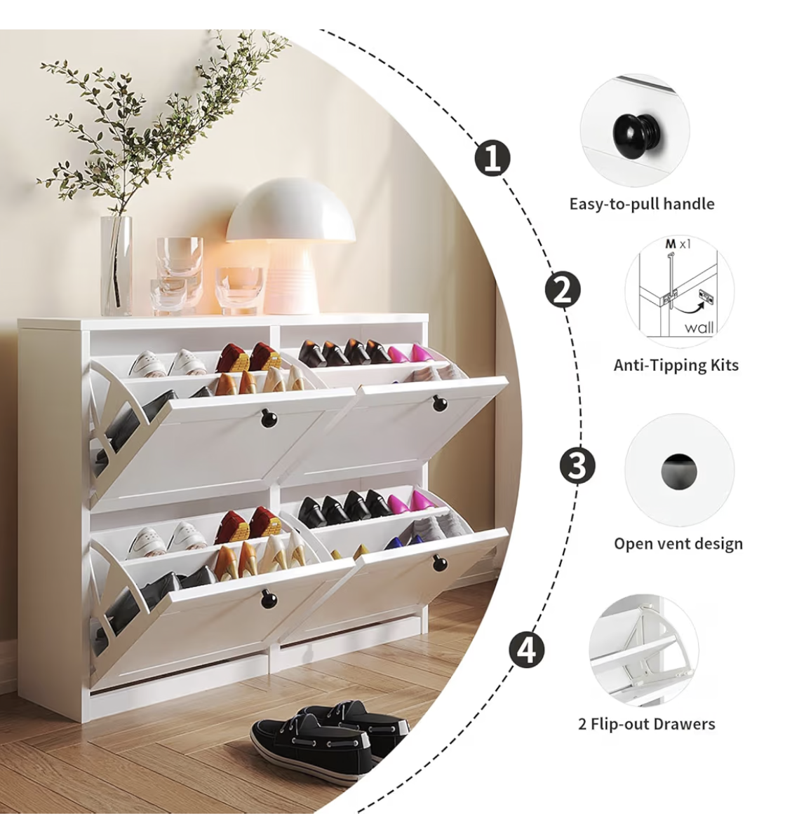 VOWNER Shoe Cabinet with 4 Flip Drawers, Shoes Storage Freestanding Shoes Organizer, Space-Saving Slim Narrow Shoe Rack Cabinet for Entryway, Foyer, Hallway
