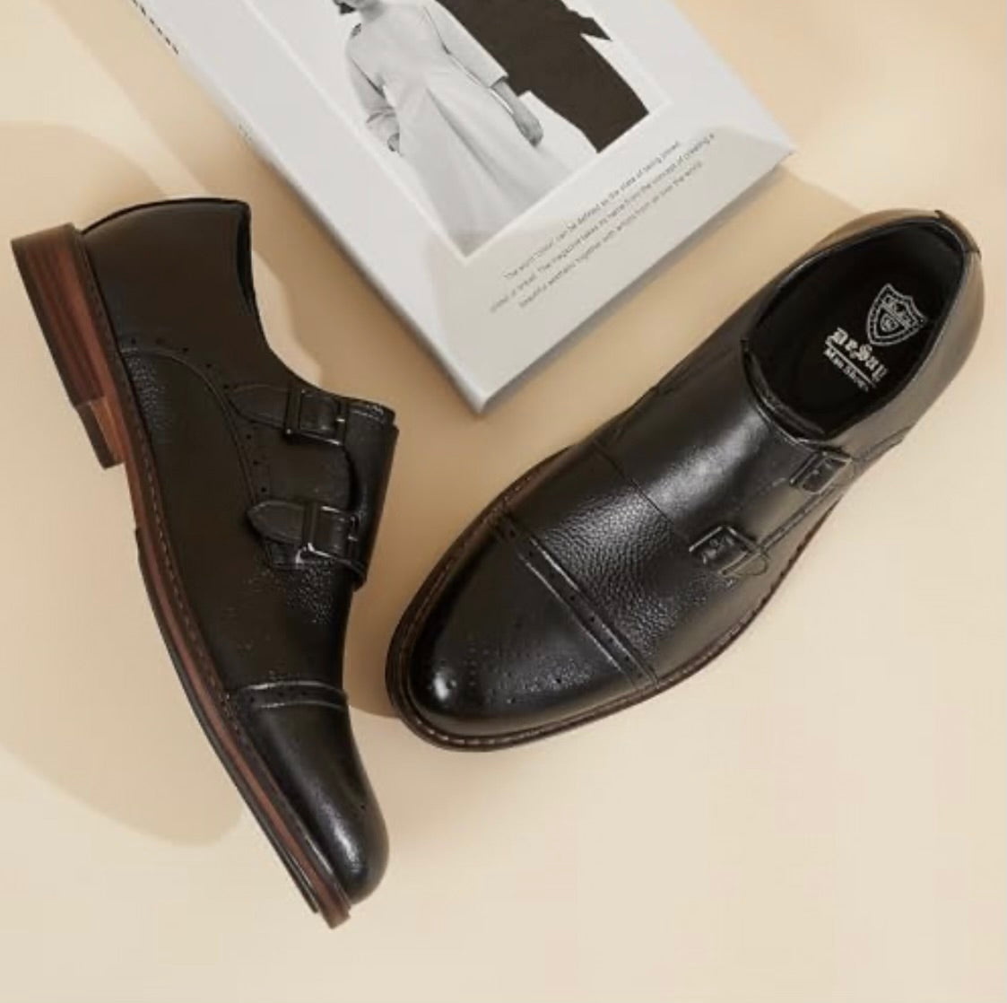 Men's Double Buckles Monk Strap Leather Dress Shoes- Brogue Design with Adjustable Buckles