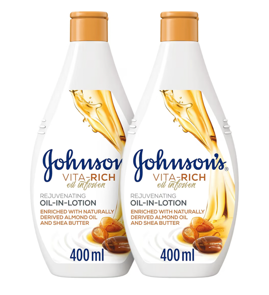 Johnson's Vita-Rich Rejuvenating Body Lotion, Oil-In-Lotion Formula for Deep Hydration and Skin Rejuvenation, 400ml (1+1 FREE), enriched with vitamins and antioxidants