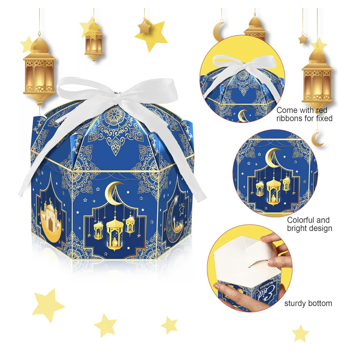 COSFAN 12Pcs Eid Mubarak Gift Boxes Eid Mubarak Candy Box Set Hexagonal Eid Party Favor Goodie Boxes Eid Party Paper Box with Ribbon