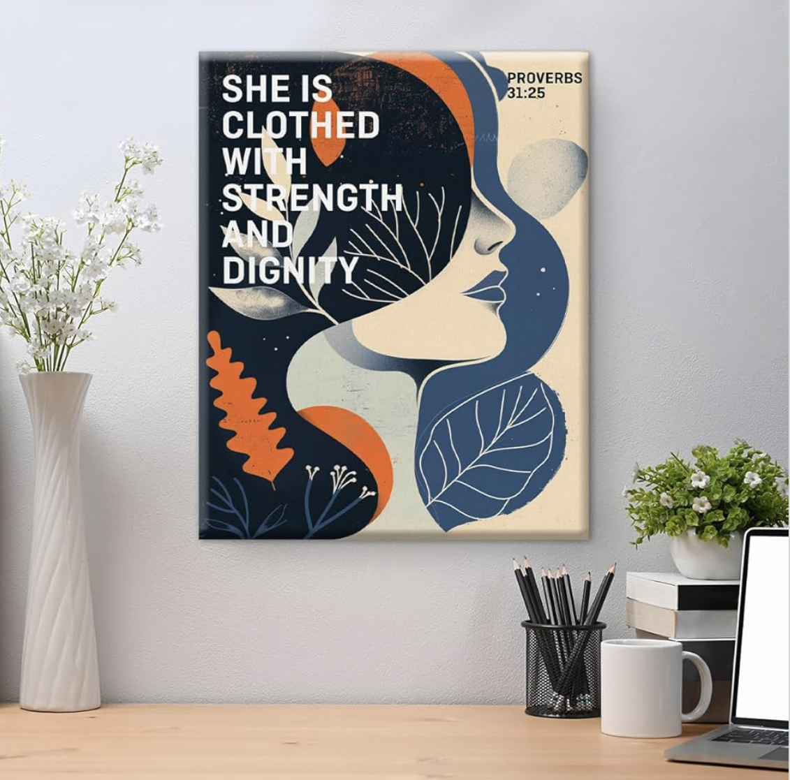 Bible Verse Canvas Wall Art Christian Proverbs 31 : 25 Scripture Poster Print Picture Modern Religious Artwork Framed for Home Office Decor 8x10 Inches