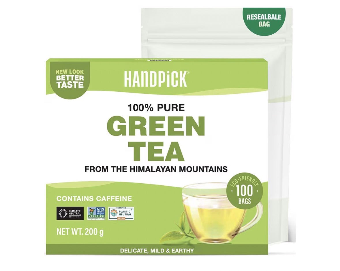 HANDPICK, Green Tea Bags - 100 Eco-Friendly Tea Bags | 100% Halal Certified | Resealable Pack for Freshness | Delicate & Flavory | Direct From India