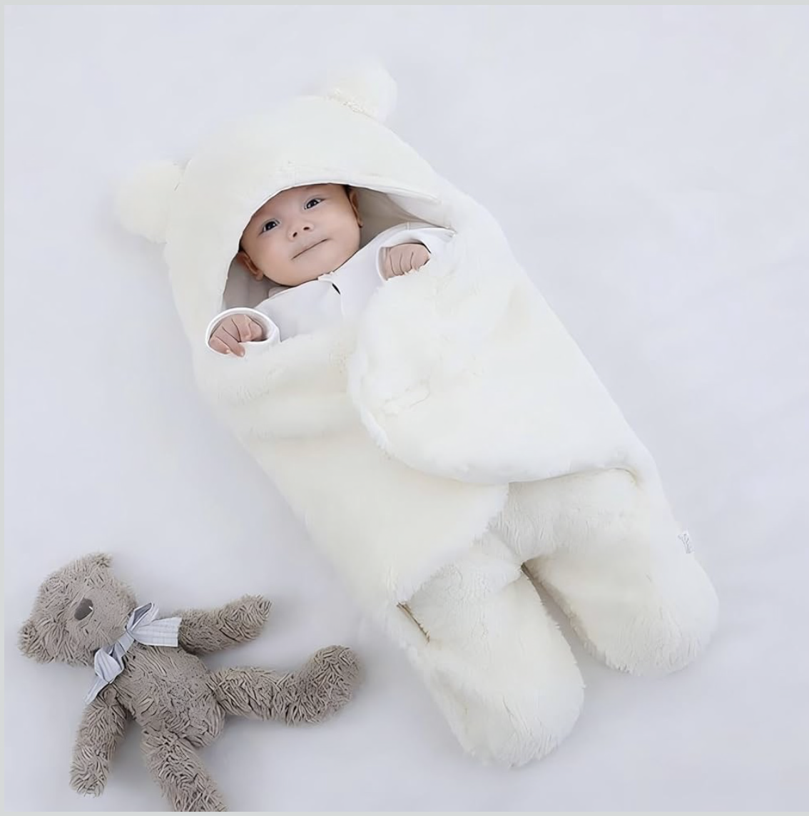 Baby Swaddle Wrap, Newborn Sleeping Bag Blanket, Bear Design with Ears, 100% Breathable Cotton, White, 0-6 Months, 68.5x61 cm