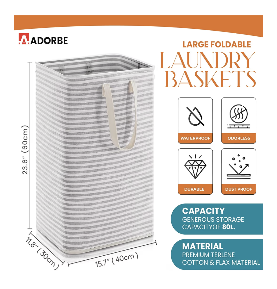 Large Laundry Basket, Waterproof, Freestanding Collapsible Laundry Hamper, Tall Clothes Hamper for Laundary with Easy Carry Handles for Dirty Clothes Toys Organizer