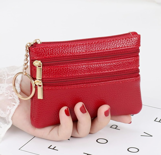 Coin Purse, Women'S Leather Zip Compact Wallet - Mini Pouch Change With Keychain Pocket Organizer For Cards, Cash, Id, Red, Purse