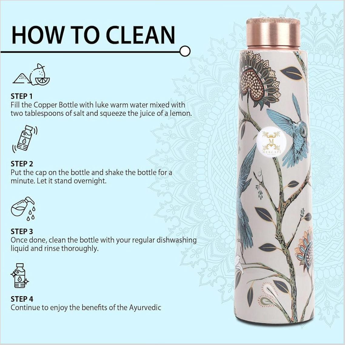 100% Pure Copper Water Bottle | Leak Proof, Durable & Rust Proof | Non-Toxic & BPA Free Bottles | Eco Friendly Water Bottle (950 ml) (Pack of 1)