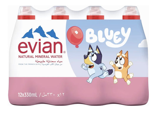 Evian Natural Mineral Water Bluey Limited Edition, 330ml (Pack of 12) - Kids Fun Size Bottled Water, Naturally Filtered French Alps Water, Ideal for School Lunchboxes and Parties