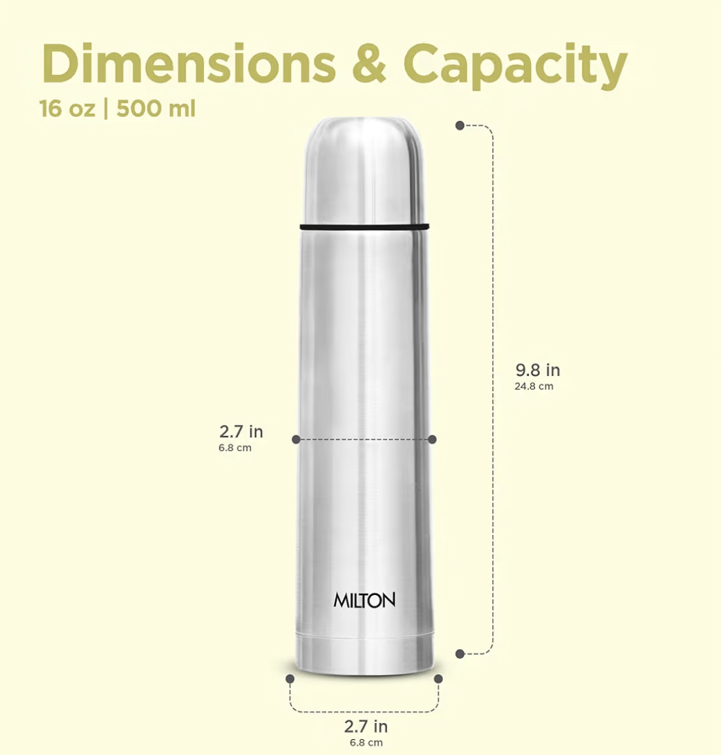 Milton Thermosteel Flip Lid 500, Double Walled Vacuum Insulated Thermos 500 ml | 16 oz | 24 Hours Hot and Cold Water Bottle with Cover, Stainless Steel, BPA Free,Leak Proof | Silver