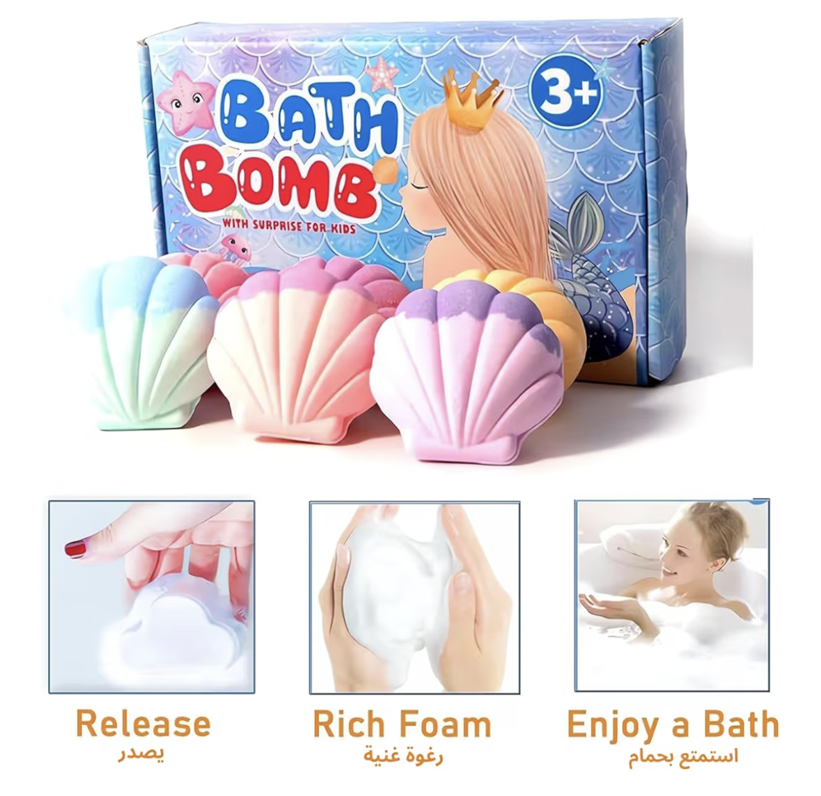 Bath Bombs for Kids Girls with Surprise, 6Pcs Shell Mermaid Bubble Bath Bomb Toys Set Kids Rich in Essential Oil