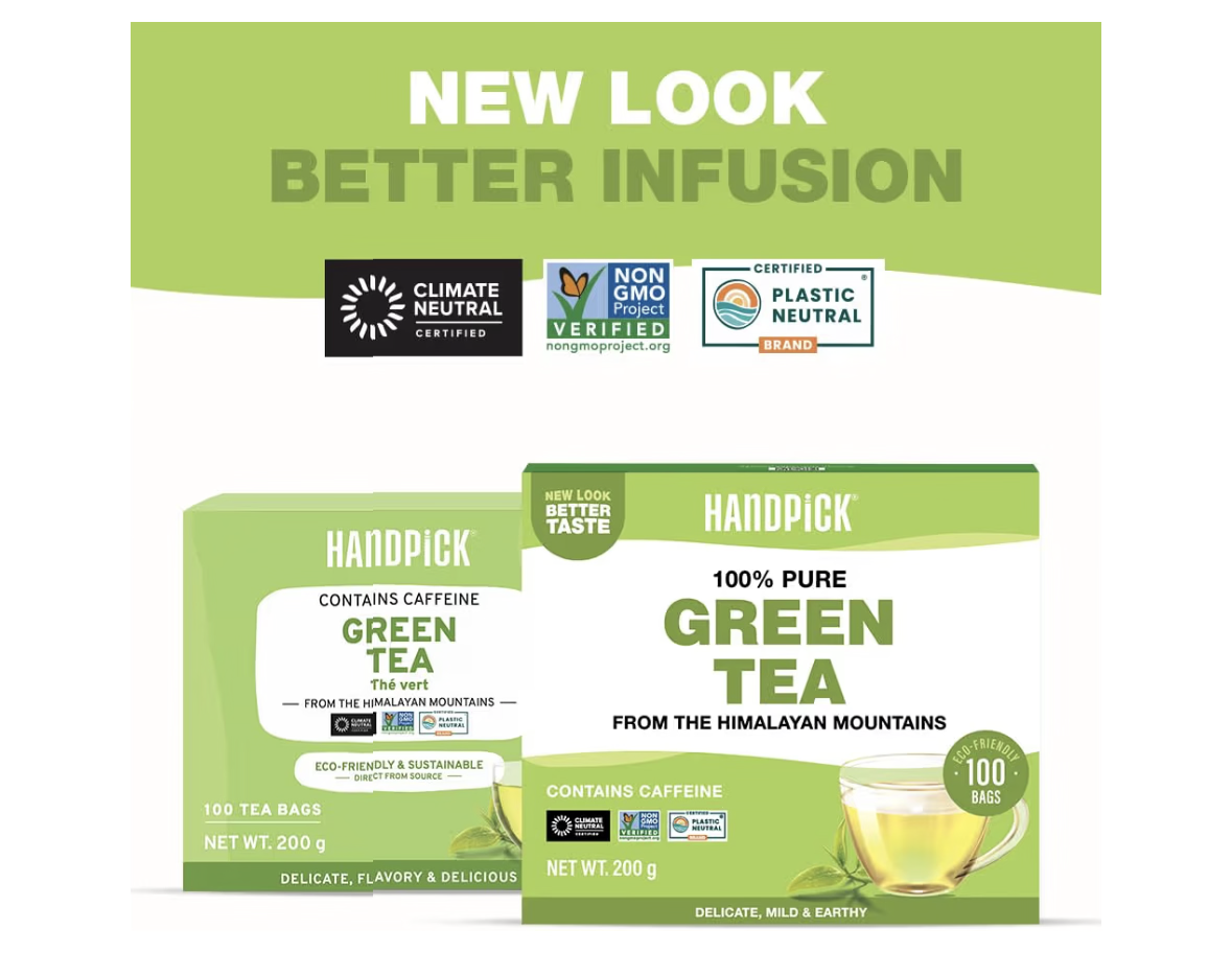 HANDPICK, Green Tea Bags - 100 Eco-Friendly Tea Bags | 100% Halal Certified | Resealable Pack for Freshness | Delicate & Flavory | Direct From India