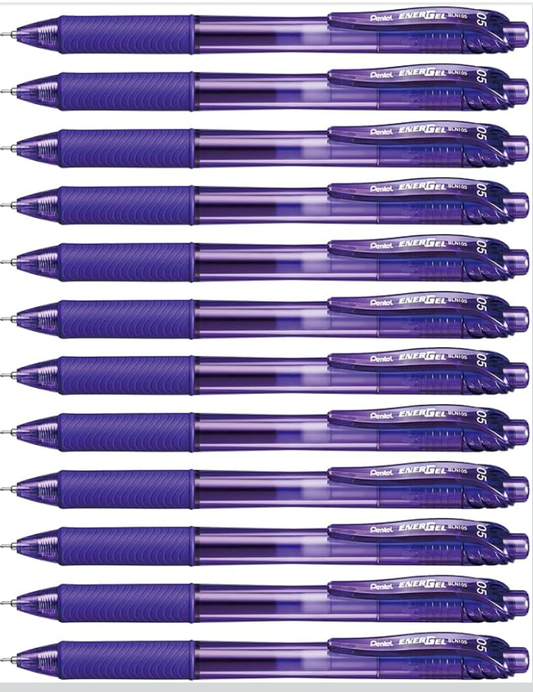Pentel 0.5 mm EnerGel-X Retractable Liquid Gel Pen with Needle Tip and Violet Ink, Box of 12 (BLN105-V)