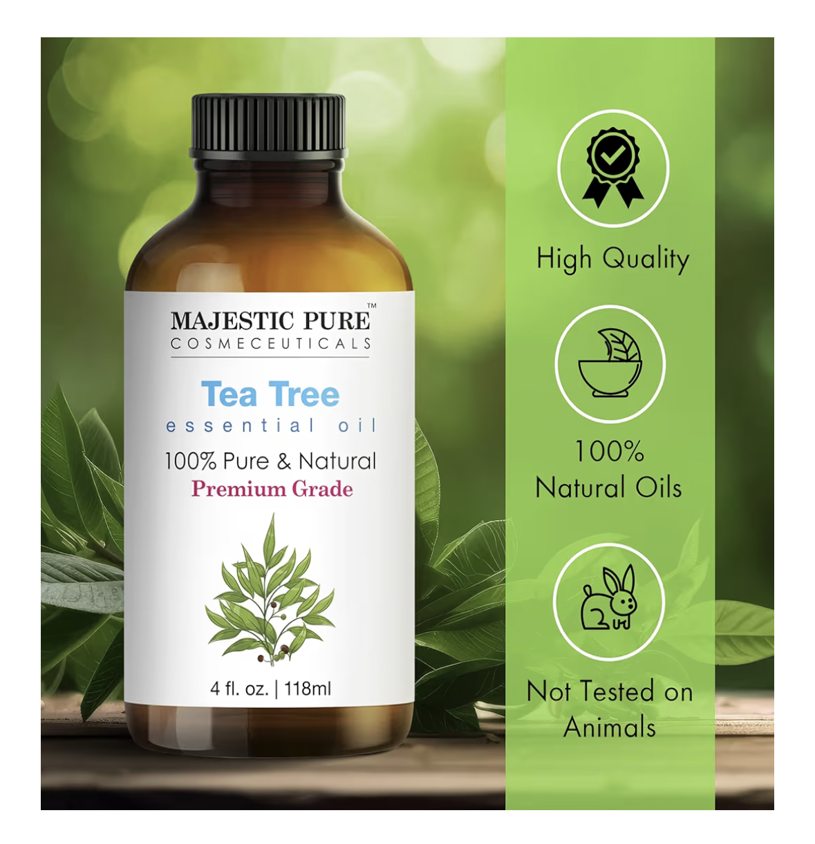 MAJESTIC PURE Tea Tree Essential Oil – Large 118 ml Bottle | 100% Pure & Natural | Premium Grade Essential Oil for Hair Care, Skin, Aromatherapy, Diffusers, Massage & Humidifiers