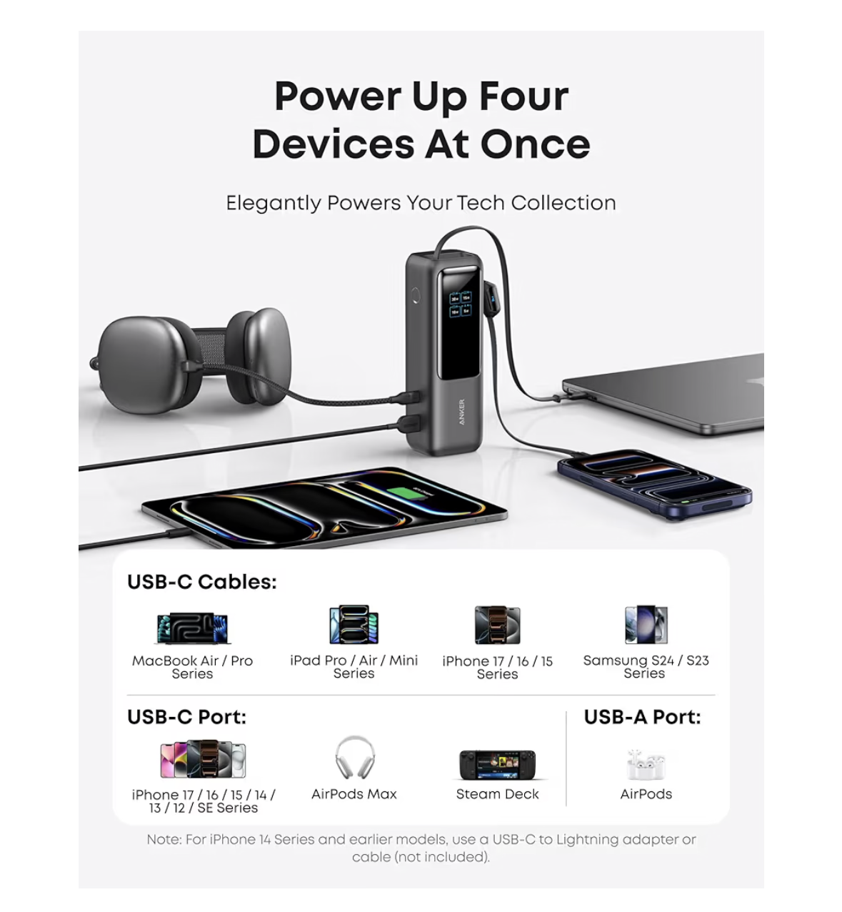 Anker Power Bank 25,000 mah 165W Ultra-Fast Portable Charger for Dual Laptops, Fast Charging Battery Pack with Built-In and Retractable Cables, For iPhone 17/16 Series, Samsung, and More