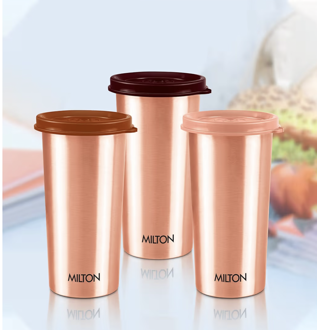 MILTON Copper Drinking Water Tumbler with Lid, 1 Piece, 480 ml, Copper | 100% Leak Proof