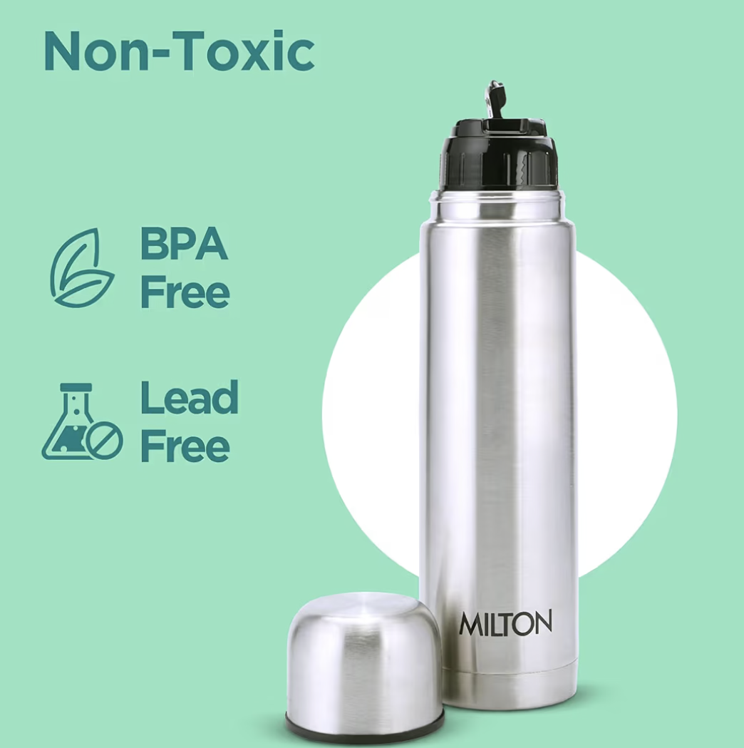 Milton Thermosteel Flip Lid 1000, Double Walled Vacuum Insulated Thermos 1000 ml | 34 oz | 1 Ltr | 24 Hours Hot and Cold Water Bottle with Cover, Stainless Steel, BPA Free,Leak Proof | Silver