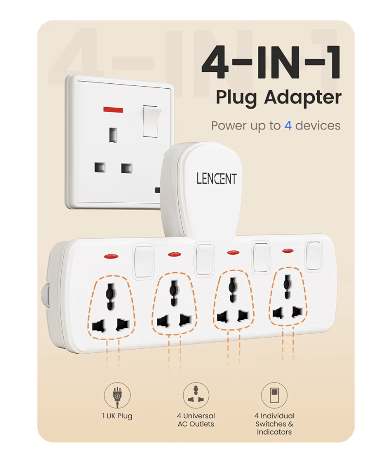 LENCENT Multi Plug Extension Socket, 4 Way Electrical Outlet Extender, Wall Charger, Universal Plug Adapter, Charging Station for Home, Office, Kitchen, Individually Switched