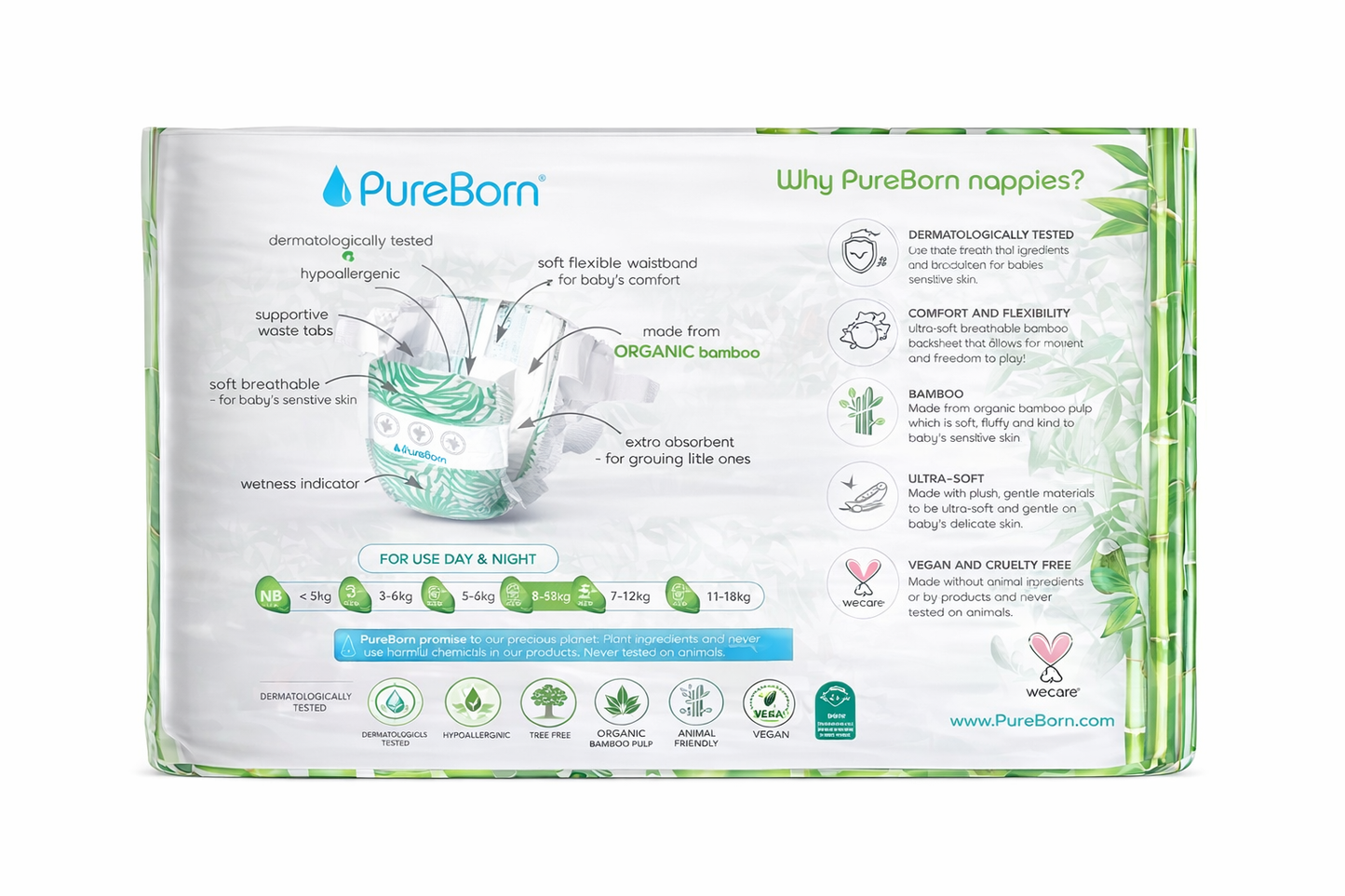 PureBorn Nappies Pure Organic Bamboo Nappies – Nappies Size 4 Hypoallergenic 96 - Nappies Ultra Soft (7 - 12 kg) 100% Plant Based Eco Friendly Assorted Print