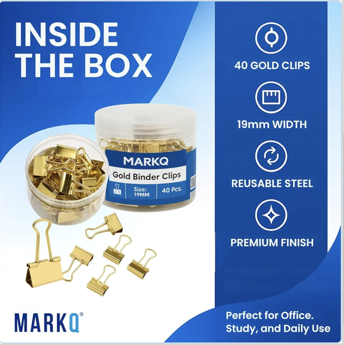 MARKQ Gold Binder Clips – Durable Metal Foldback Paper Clamps, Strong Office & School Paper Clips for Documents, Notes, and Home Organization - Small 19mm - Pack of 40