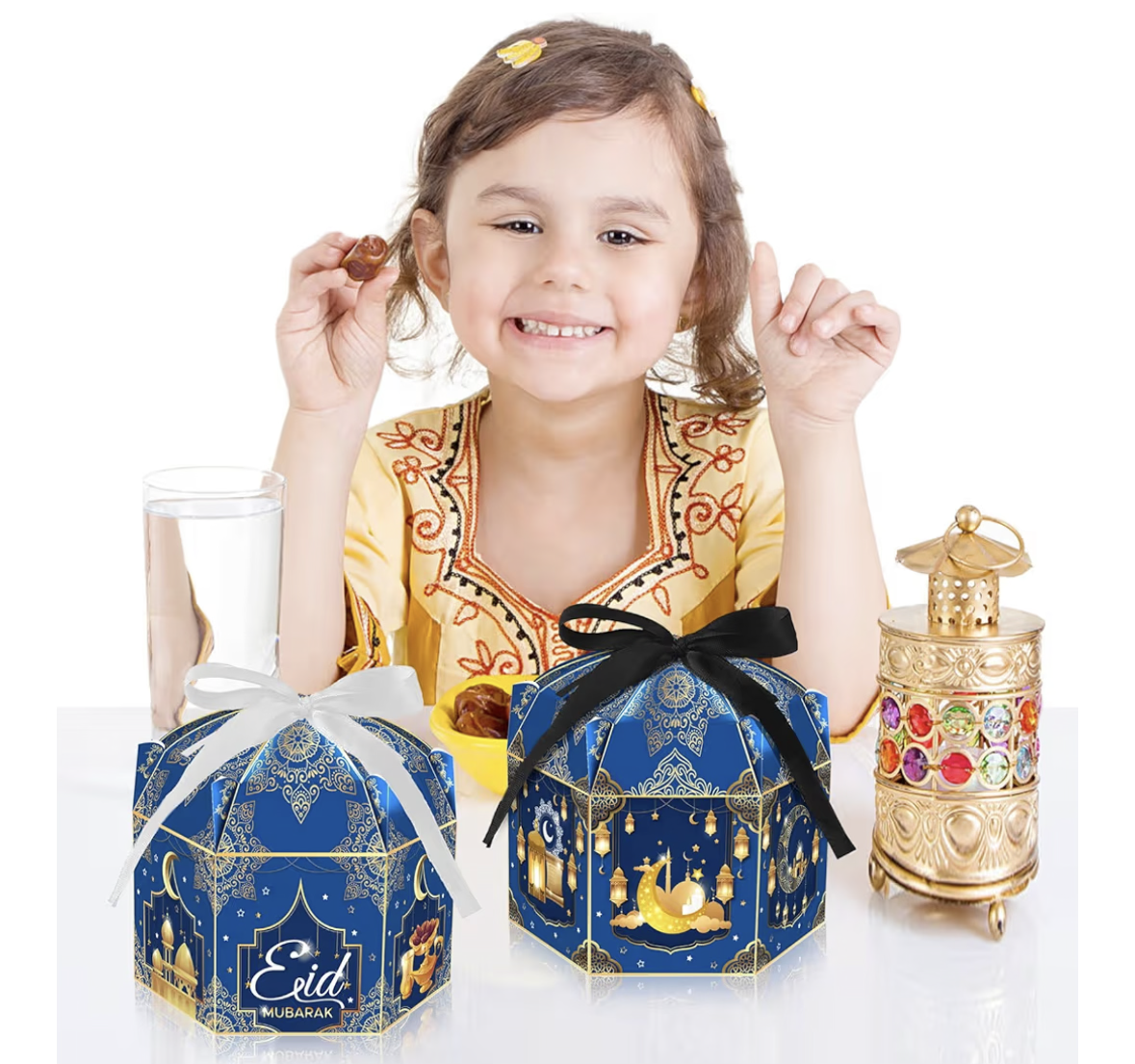 COSFAN 12Pcs Eid Mubarak Gift Boxes Eid Mubarak Candy Box Set Hexagonal Eid Party Favor Goodie Boxes Eid Party Paper Box with Ribbon