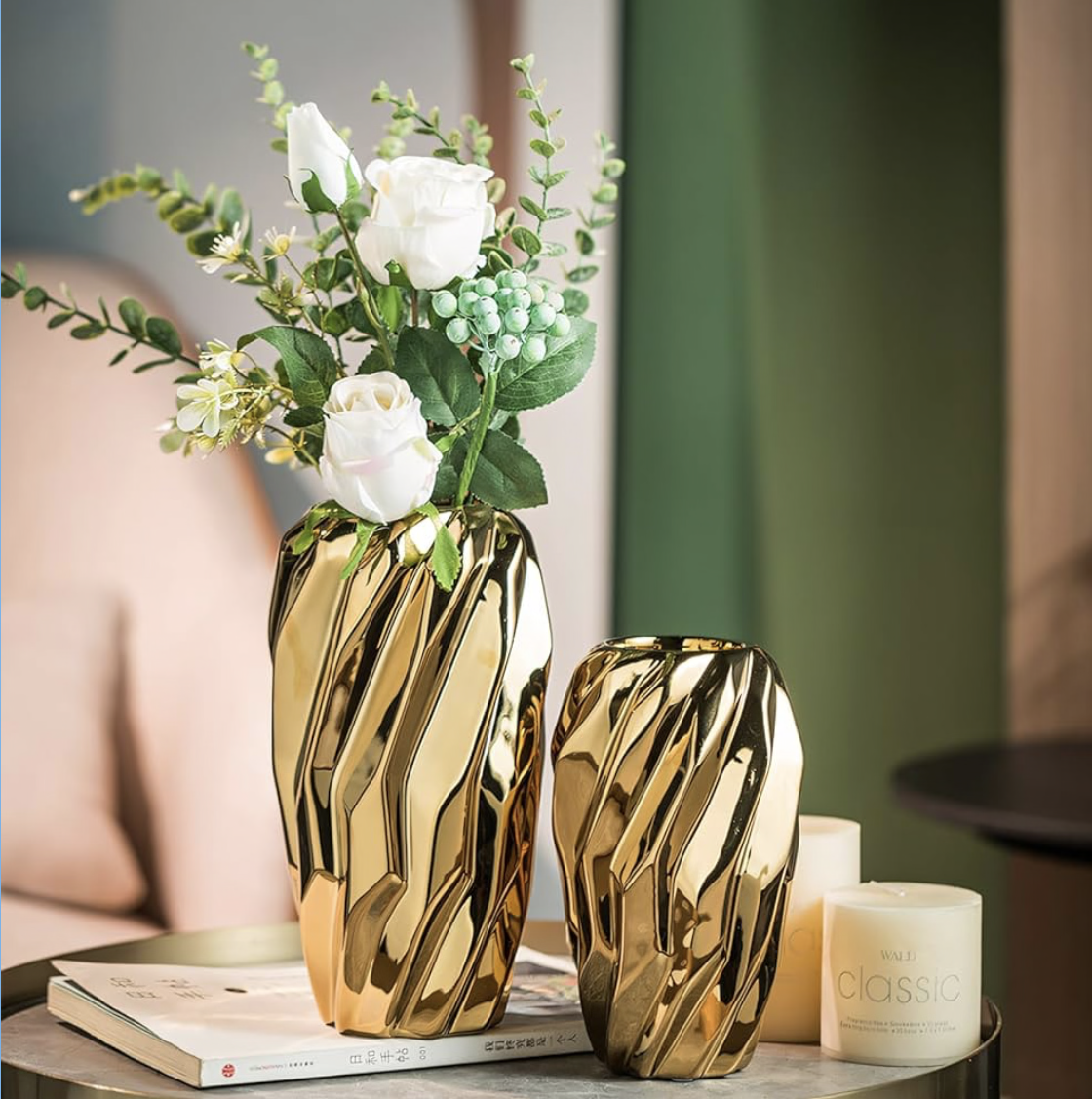 Gold Flower Vase, Vecolla Ceramic Vase for Flowers with Wavy Fluted Design, Aesthetic Flower Pot Home Decor For Living Room Bedroom Office Coffee Table Wedding Bookshelf(1-Pack,M,Gold)