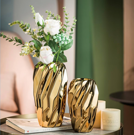 Gold Flower Vase, Vecolla Ceramic Vase for Flowers with Wavy Fluted Design, Aesthetic Flower Pot Home Decor For Living Room Bedroom Office Coffee Table Wedding Bookshelf(1-Pack,M,Gold)
