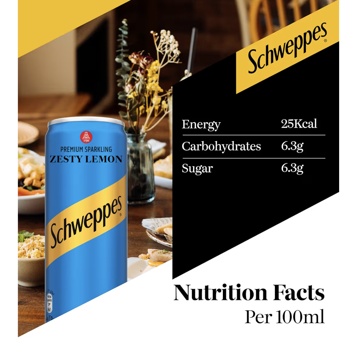 SCHWEPPES Zesty Lemon, Premium Sparkling Carbonated Drink, Can 150ml, Pack of 10