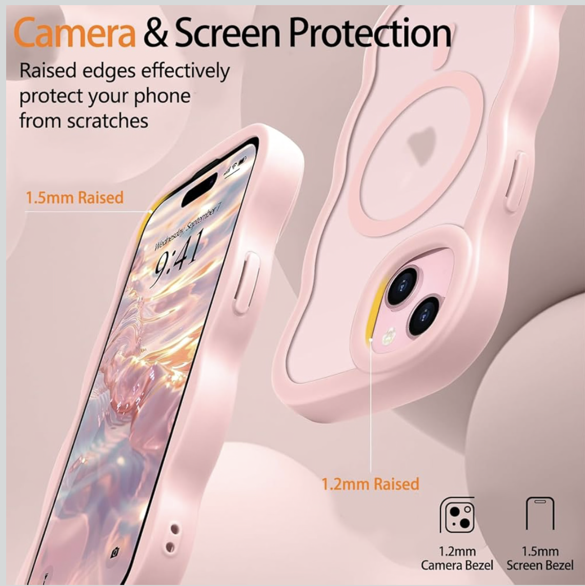 Suitable for iPhone 15 Phone Case for Women Girls Men, [Compatible with MagSafe] [Anti-Fall] Cute Wave Translucent Matte Phone Case for iPhone 15, Pink