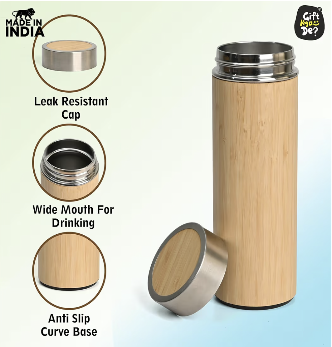 GKD Eco-Friendly Bamboo Water Bottle, Stainless Steel Flask Water Bottle/Thermos with Tea Strainer | Double Wall Vacuum Insulated | Hot & Cold