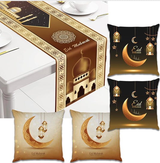 Rness Eid Al Adha Decorations, 5pcs Eid Mubarak Table Decorations with Eid Al-Fitr Table Runner and 4 Pcs Decorative Pillow Covers Party, Home, Dining Room, Table Decorations
