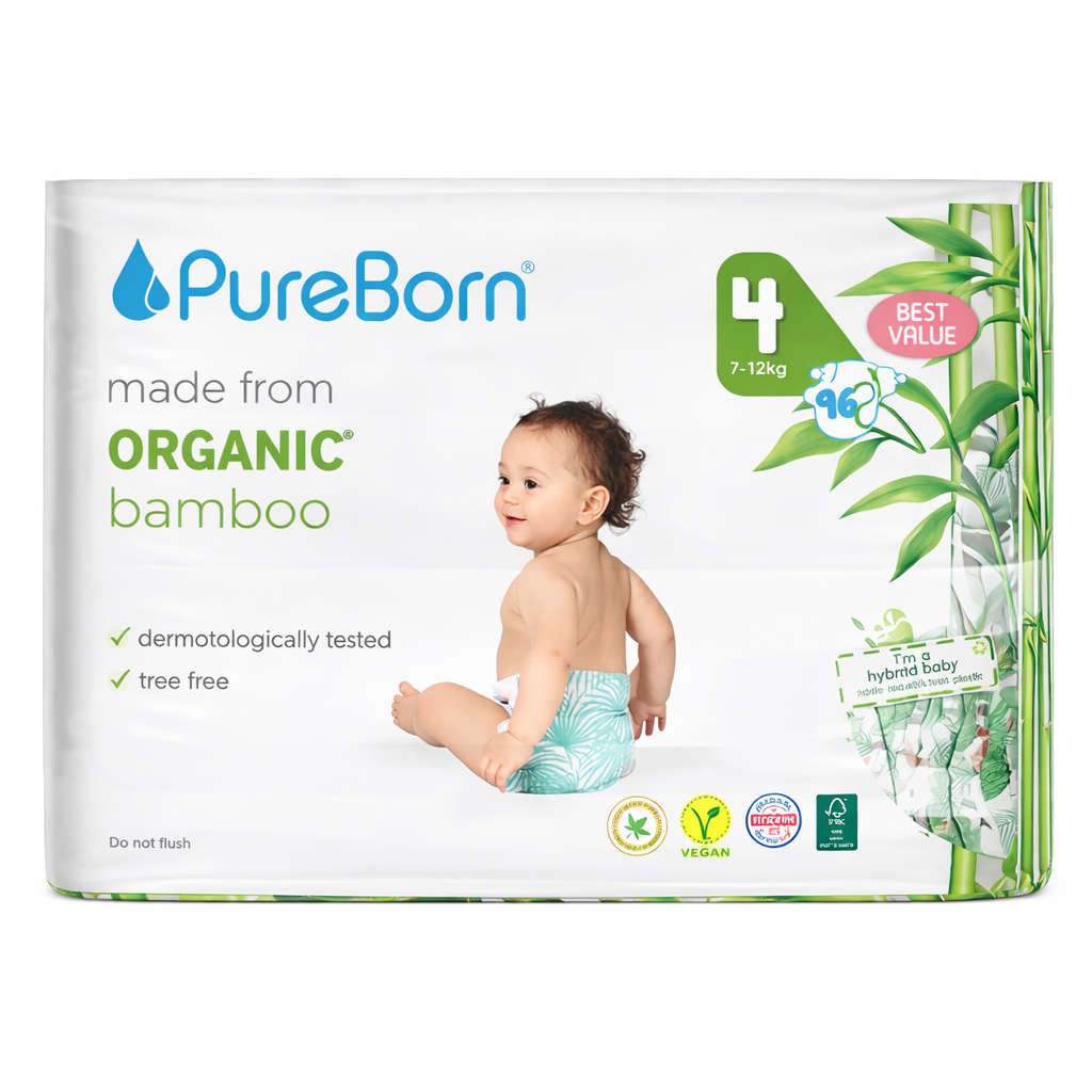 PureBorn Nappies Pure Organic Bamboo Nappies – Nappies Size 4 Hypoallergenic 96 - Nappies Ultra Soft (7 - 12 kg) 100% Plant Based Eco Friendly Assorted Print